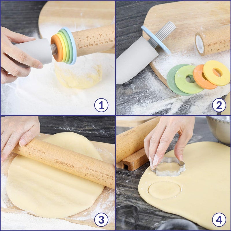 Geesta Adjustable Wood Rolling Pin with 5 Thickness Rings, Precise Dough Roller Handle Press Design with Measurement Guide for Baking Fondant, Pie Crust, Cookie, Pastry - Baking Essential - Image 3